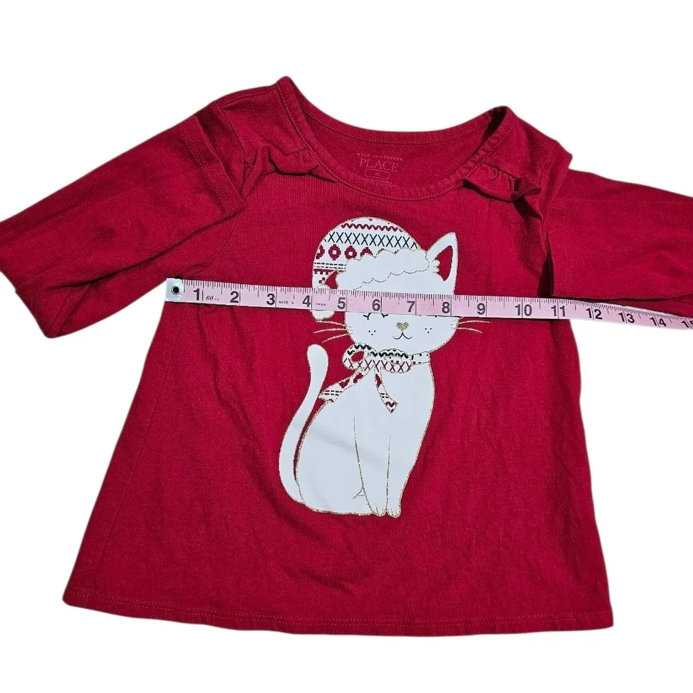 The Childrens Place Girls 4T Red Holiday T-Shirt Christmas Winter Cat Graphic
